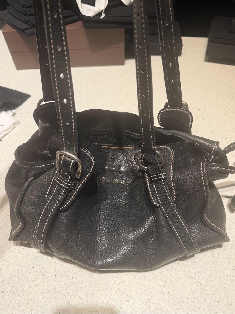 Miu Miu Black Pebbled Leather Shoulder Bag with White Stitching